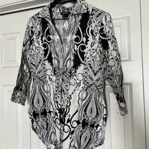 Paperwhite Womens Black White Paisley 100% Linen Button Down Blouse 8